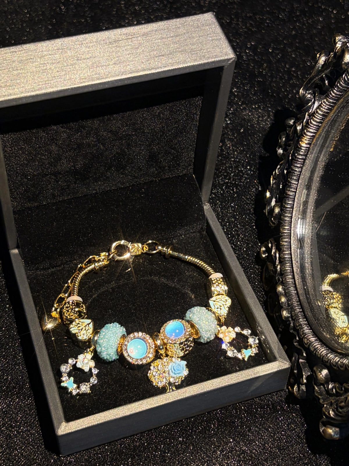 Women's Beaded Dangle Charm Bracelet, Gold-Tone Adjustable Extension Chain, Multi-Shape Enamel & Rhinestone Pendants, Textured Round Beads, Stackable Layering Wrist Jewelry, Daily & Party Wear Accessory, Gift for Young Women