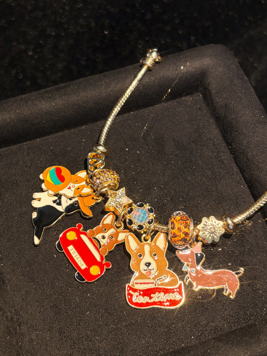 Cute Dog Puppy Enamel Dangle Charms Gold Tone Charm Bracelet, Fun Animal Beaded Jewelry Gift for Women