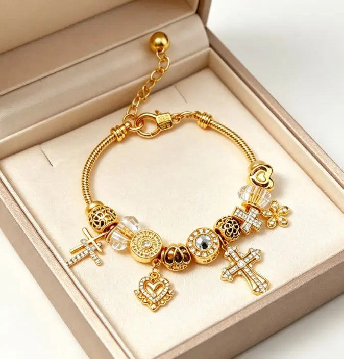 Gold Plated Adjustable Snake Chain Charm Bracelet, Cross Heart Flower Crystal Beaded Bracelet, Vintage Fashion Jewelry Gift for Women Girls