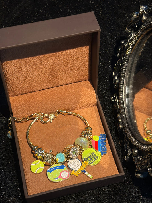 Gold‑Tone Tennis Theme Charm Bracelet for Women Teen Girls, Enamel Tennis Racket Tennis Ball Dangle Charms, Color Glass Beads Snake Chain Bracelet, Adjustable Stackable Sports Fashion Jewelry, Ideal Birthday Sport Lover Party Dating Gift for Her