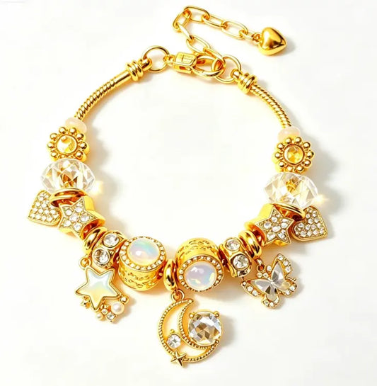 Dreamy Star & Moon Charm Bracelet – Gold-Tone Bow & Crystal Bead Bangle, Sweet Fairycore Jewelry, Perfect Gift for Her