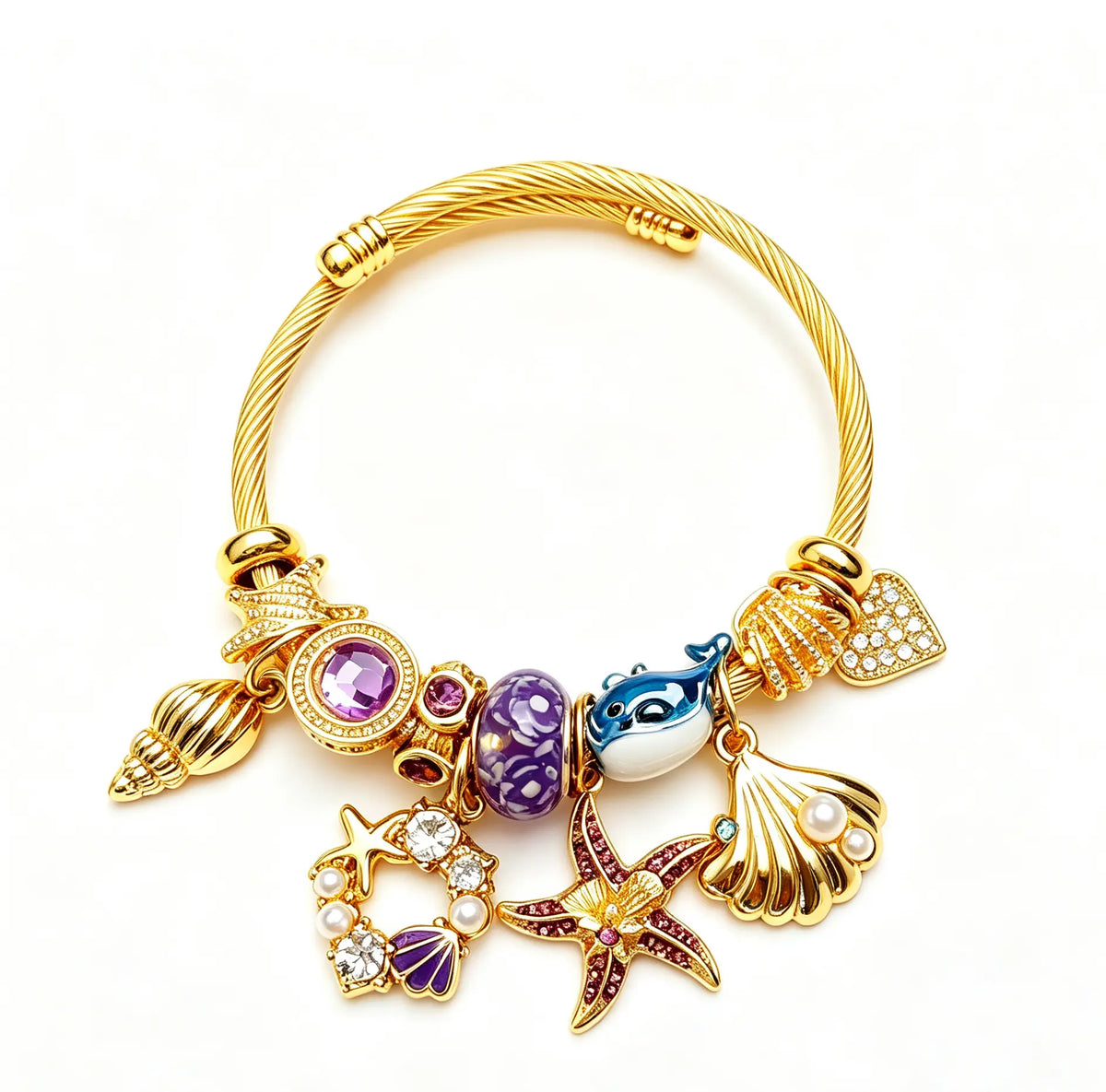 Ocean Dream Charm Bangle: Sparkling Starfish & Whale Open Cuff Bracelet for Women - Aesthetic Jewelry Gift
