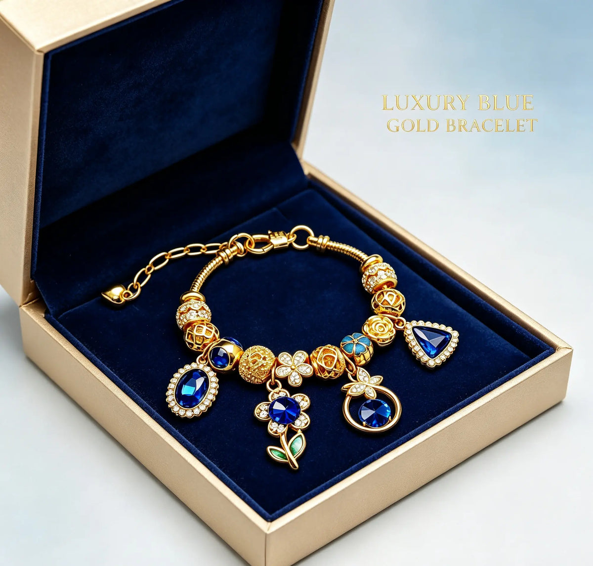 Blue Crystal Flower Charm Bracelet, Gold Tone Adjustable Snake Chain Beaded Bracelet with Gem Pendant, Fashion Jewelry Gift for Women Girls