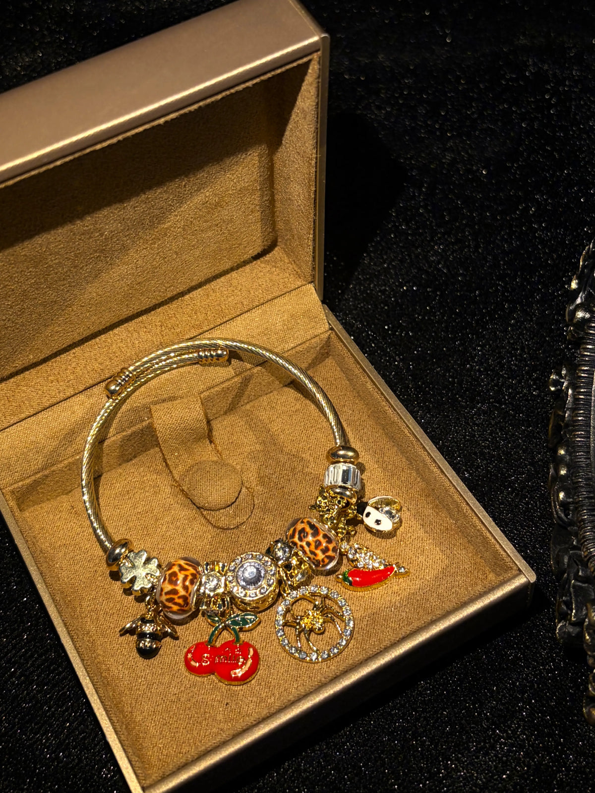 Women's Gold-Tone Open Bangle Bracelet - Leopard Print, Cherry, Spider, Bee, Chili Dangle Charms - Sparkling Rhinestone Enamel Statement Jewelry Gift for Women