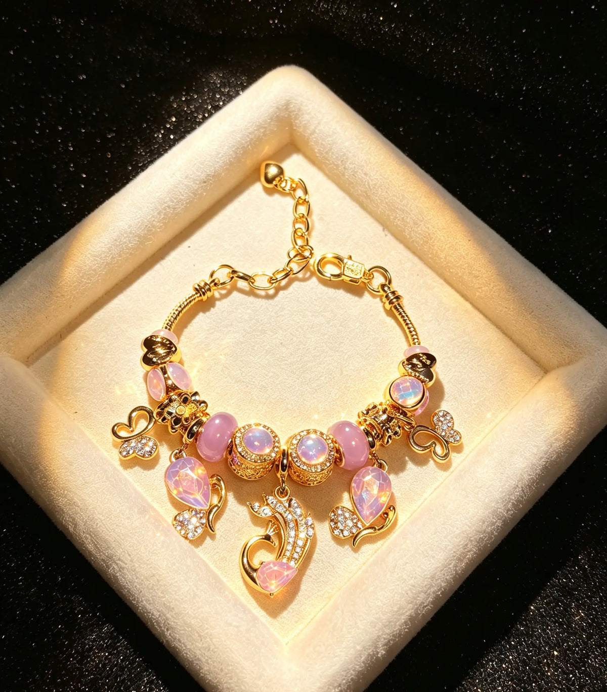 Purple Phoenix Charm Bead Bracelet, Gold Plated Adjustable Chain Bracelet with Teardrop Crystal Charms, Elegant Dainty Jewelry Gift for Women