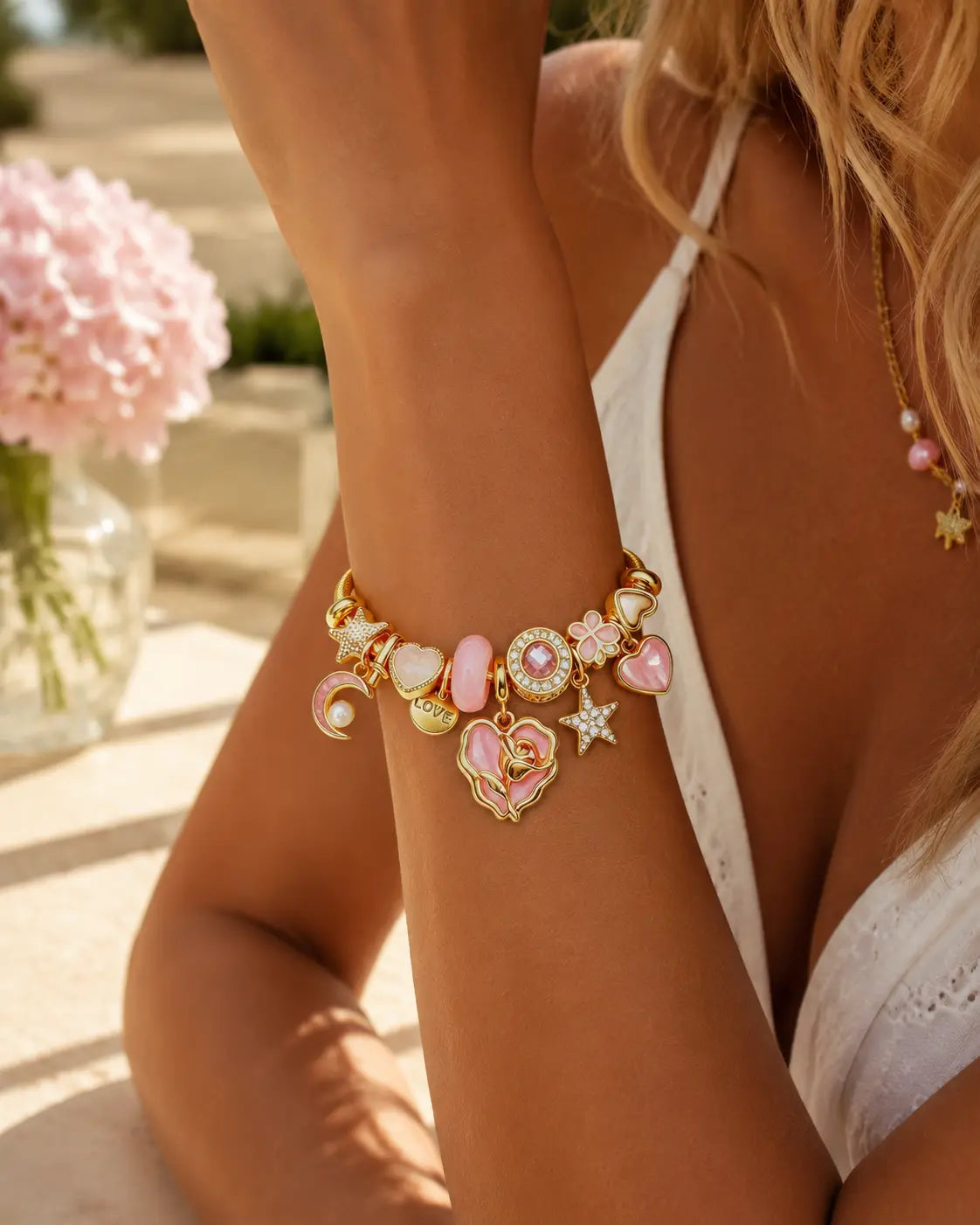 Women's Pink Rose Heart Charm Bangle - Gold Twist Cable Wire Open Cuff Bracelet with Moon, Star, 4-Leaf Clover Dangle Charms, Fashion Costume Jewelry Gift