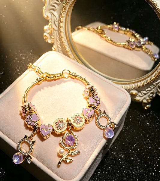 Golden Snake Chain Charm Bracelet, Purple Floral Cat Paw Beaded Bracelet with Opal Crystal Pendant Adjustable Jewelry for Women