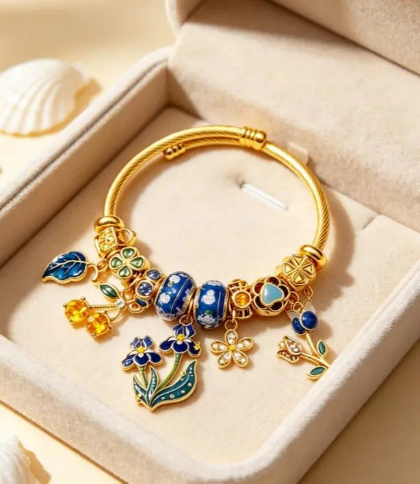 Vintage Blue Iris Floral Gold Cable Bangle, Enamel Flower Leaf Crystal Charms Twist Bracelet for Daily Vacation Wear