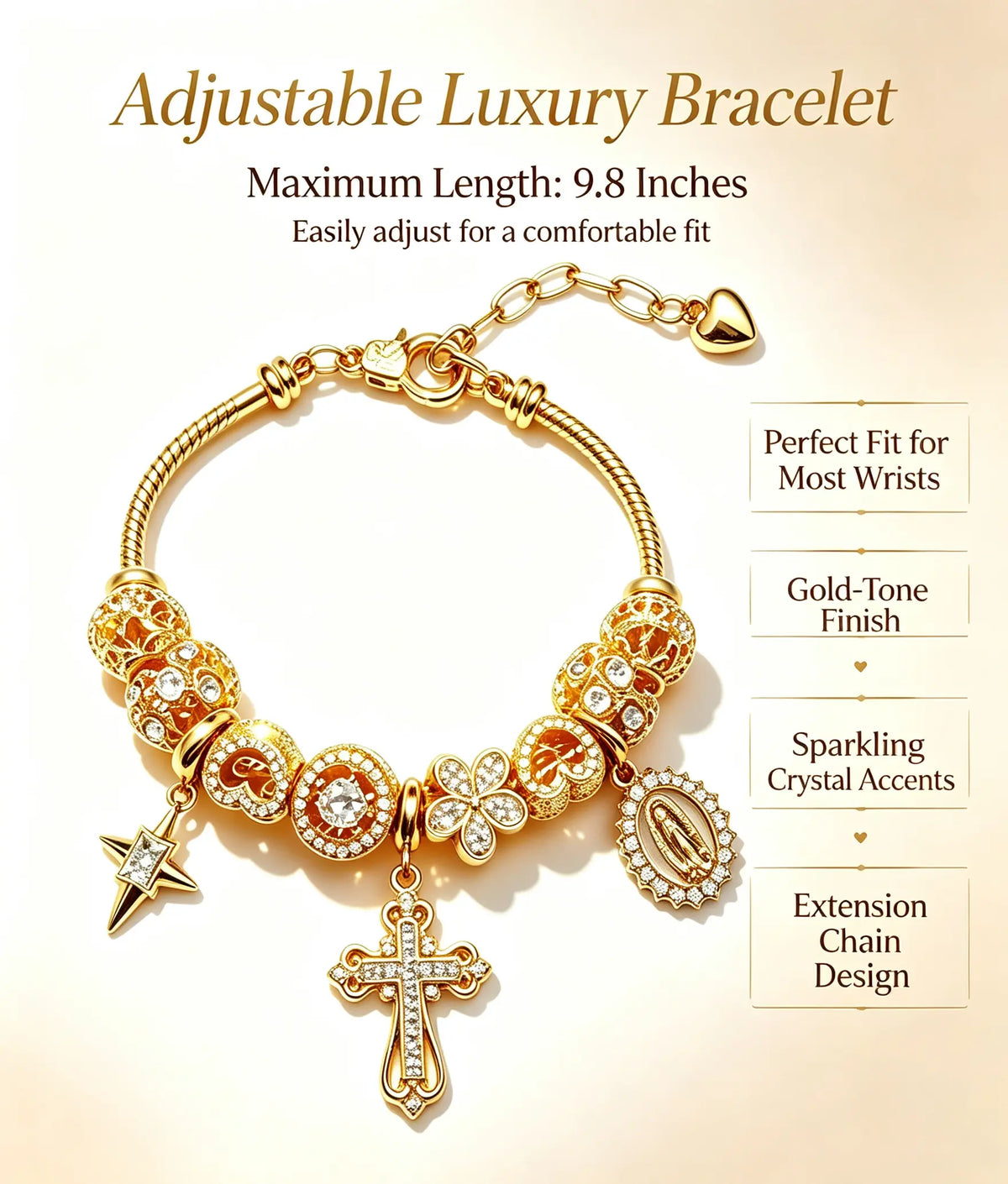 Gold-Tone Cross Star Charm Bracelet for Women, Crystal Multi-Charm Bracelet, Vintage Statement Jewelry Gift