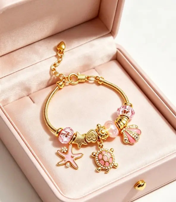 Pink Ocean Turtle Starfish Shell Charm Bracelet, Shiny Gold Adjustable Snake Chain Bangle with Pink Crystal Beads, Dainty Beach Holiday Jewelry Gift for Women Girls