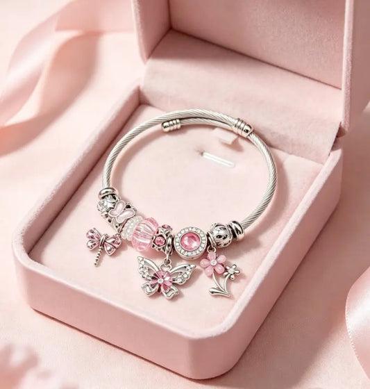 Silver Twisted Cable Open Bangle Bracelet, Pink Crystal Butterfly & Flower Charms Beaded Bracelet, Sweet Fashion Jewelry Gift for Women Teen Girls