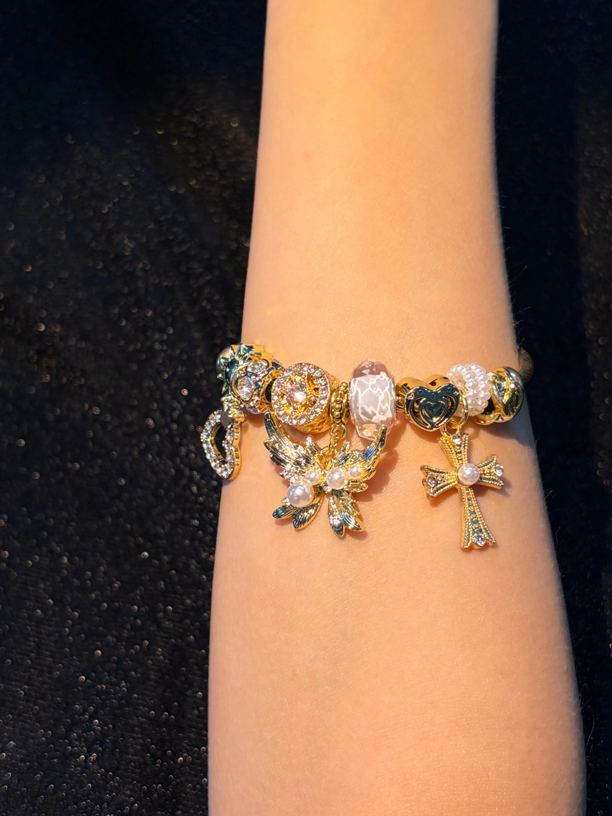 Women’s open cuff bracelet with wing cross design, pearls and crystals, vintage gift jewelry