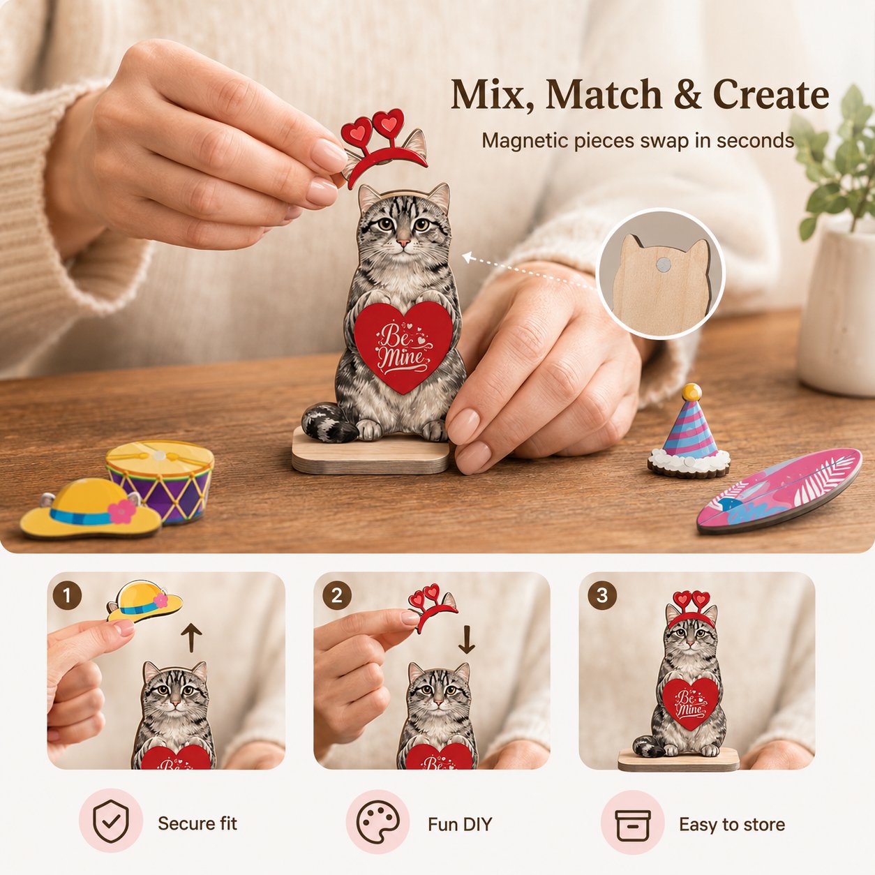 🔥 Last Day 51% OFF - Interchangeable Magnetic Seasonal Cat Wooden Tabletop Decor Set