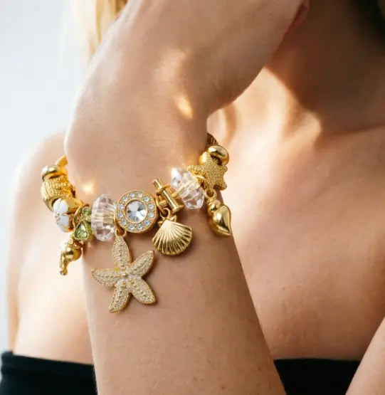 Tone Gold Twisted Open Bangle Dual Color Ocean Charm Bracelet Black Clear Crystal Dolphin Starfish Shell Floral Bead Women Beach Vacation Jewelry Gift