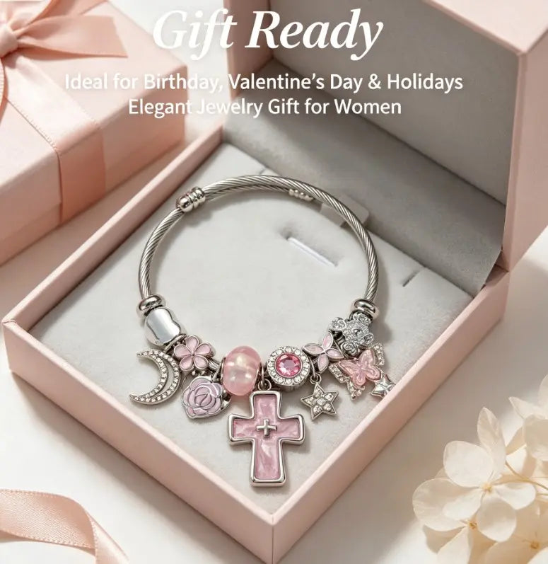 Pink Cross Charm Adjustable Cuff Bangle, Silver Plated Cable Wire Bracelet with Moon Star Butterfly Flower Crystal Charms, Religious Dainty Wrist Jewelry Gift for Women Teen Girls