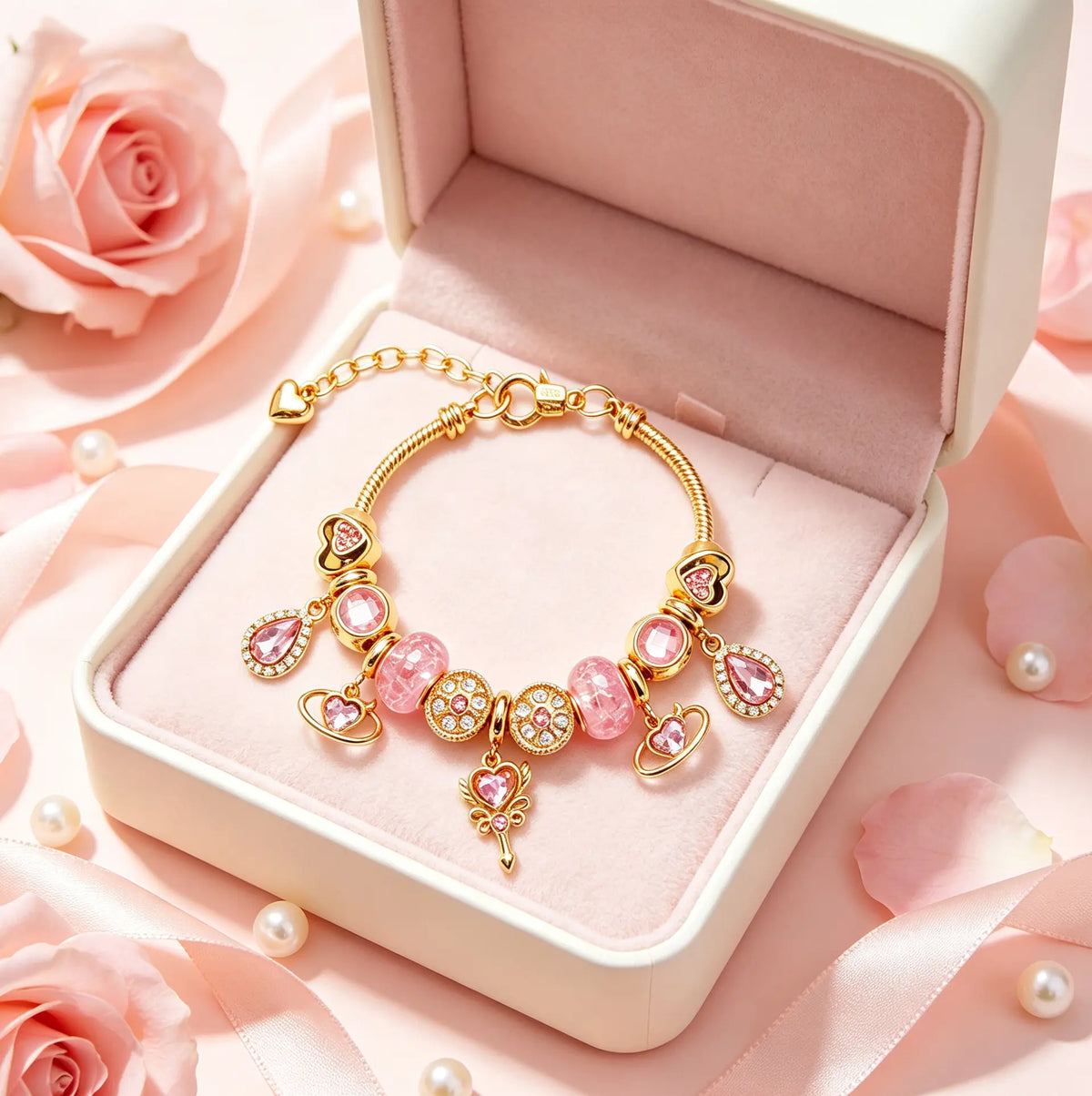 Sparkle & Sweetness: Pink Crystal Heart Charm Bracelet - Gold Snake Chain Adjustable Bangle for Her