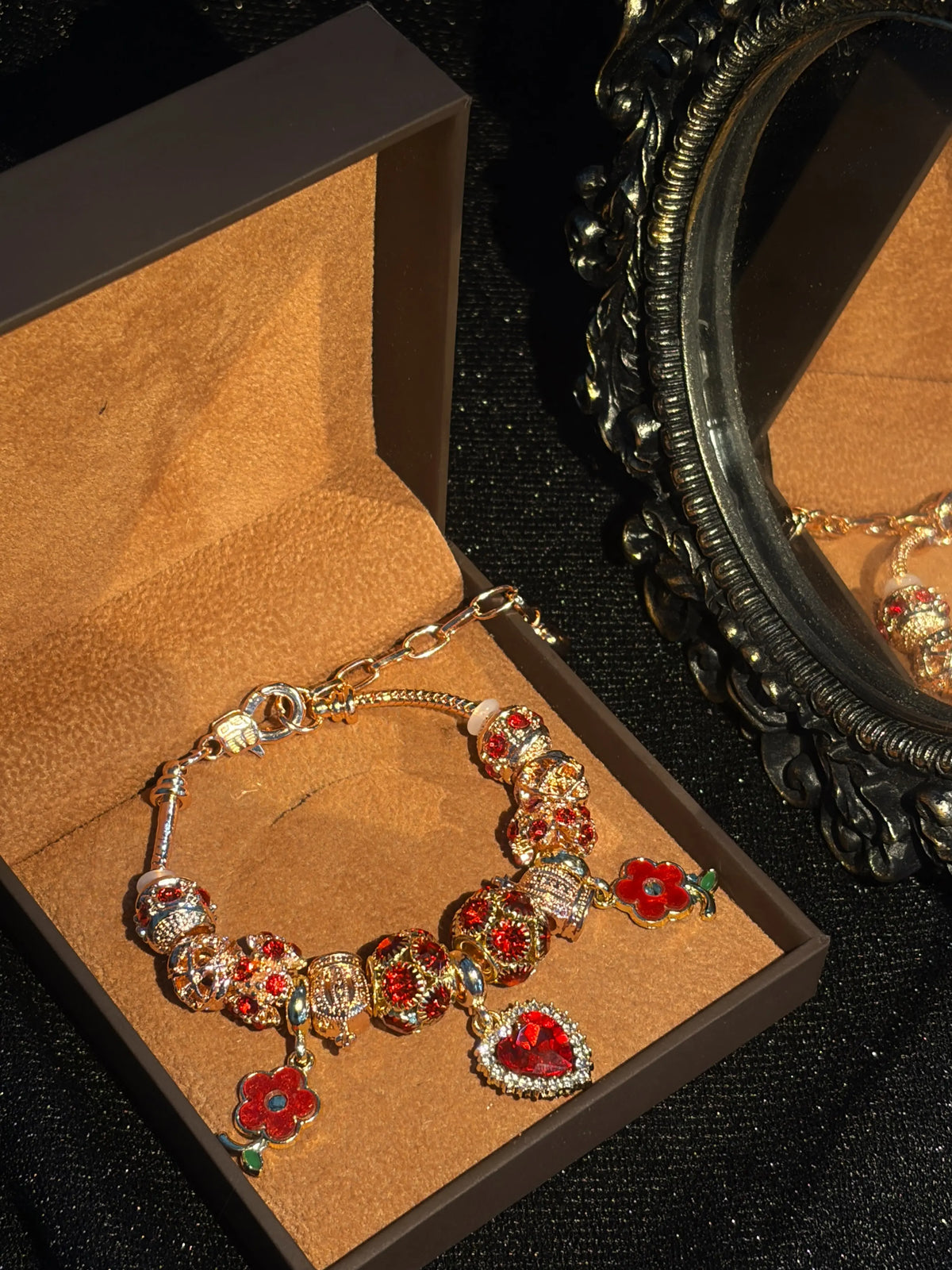 Pink Gold Women Beaded Snake Chain Bracelet, Red Rhinestone Heart & Enamel Flower Pendants, Decorative Crystal Beads, Adjustable Extender Chain Wrist Ornament, Fashion Daily Accessory, Nice Birthday Holiday Dating Party Present for Ladies Teen Girls