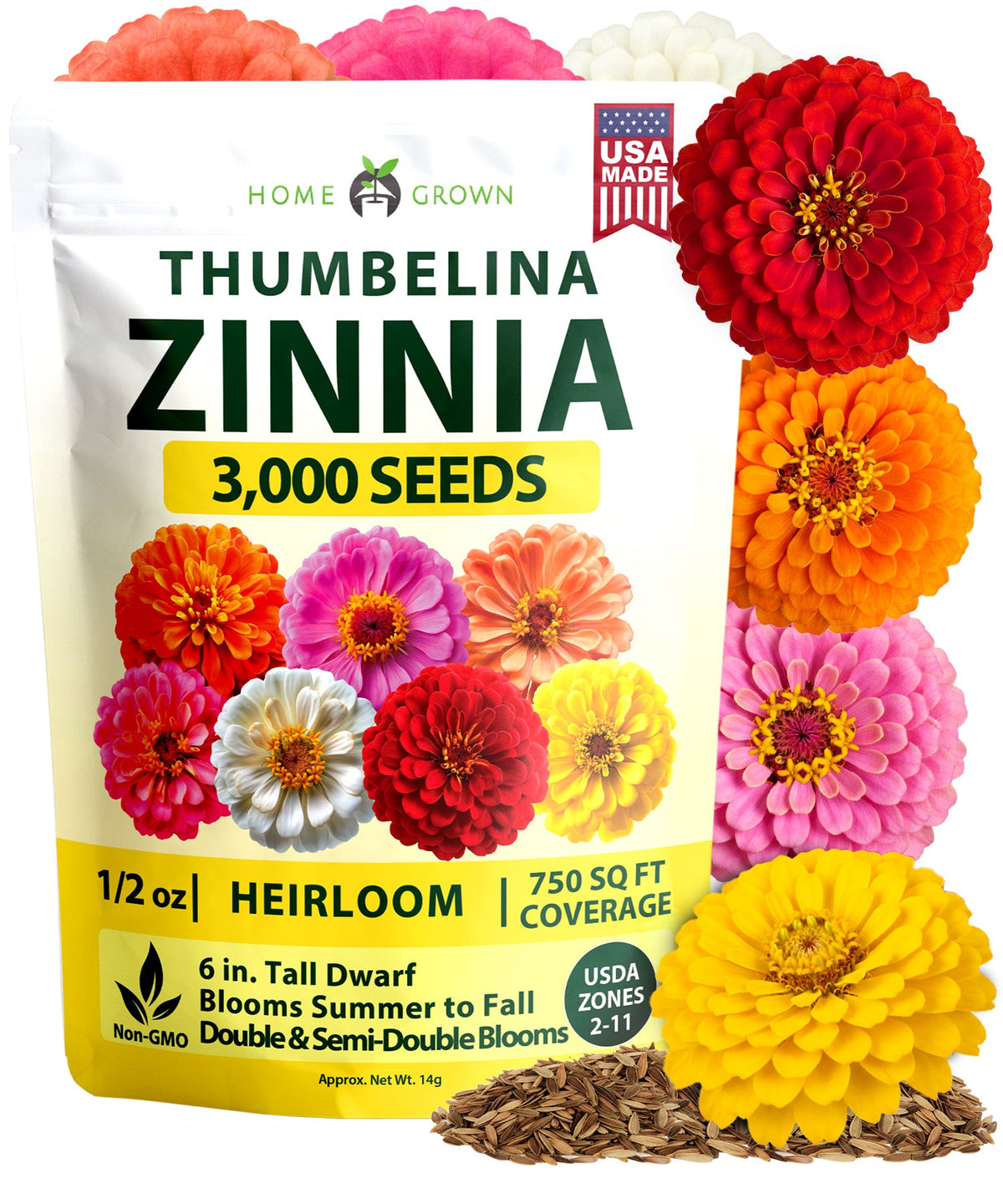 Thumbelina Dwarf Zinnia Seeds - 3,000 Seeds (14g) - Dwarf Patio Blooms
