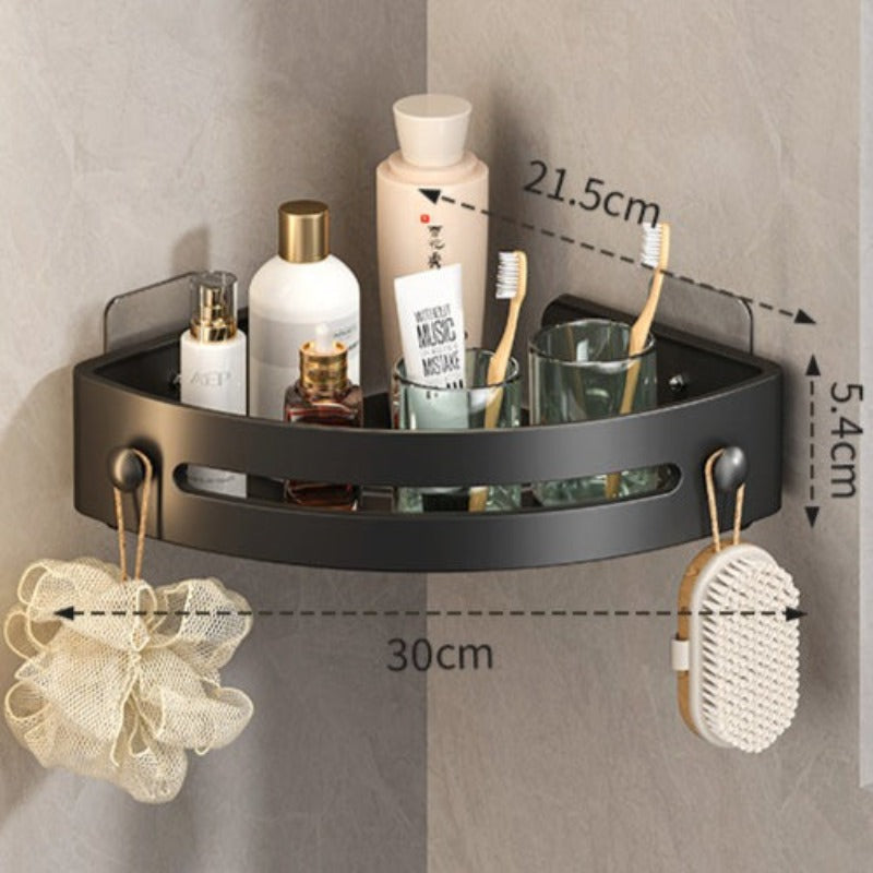 **3-Tier Black Corner Shower Shelf, No-Drill Adhesive Bathroom Organizer with Hooks