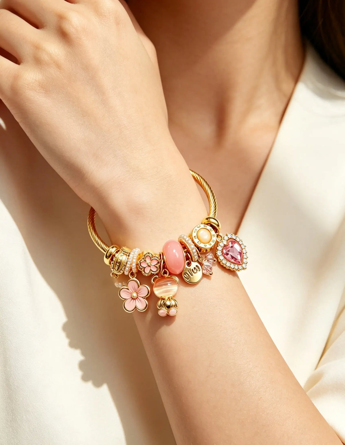 Adjustable Open Cuff Charm Bracelet for Women, 2 Styles Pink & Sky Blue Enamel Bead Bangle with Rhinestone Heart Charms, Gold Twisted Wire Flexible Bracelets Jewelry Gift for Daily Wear