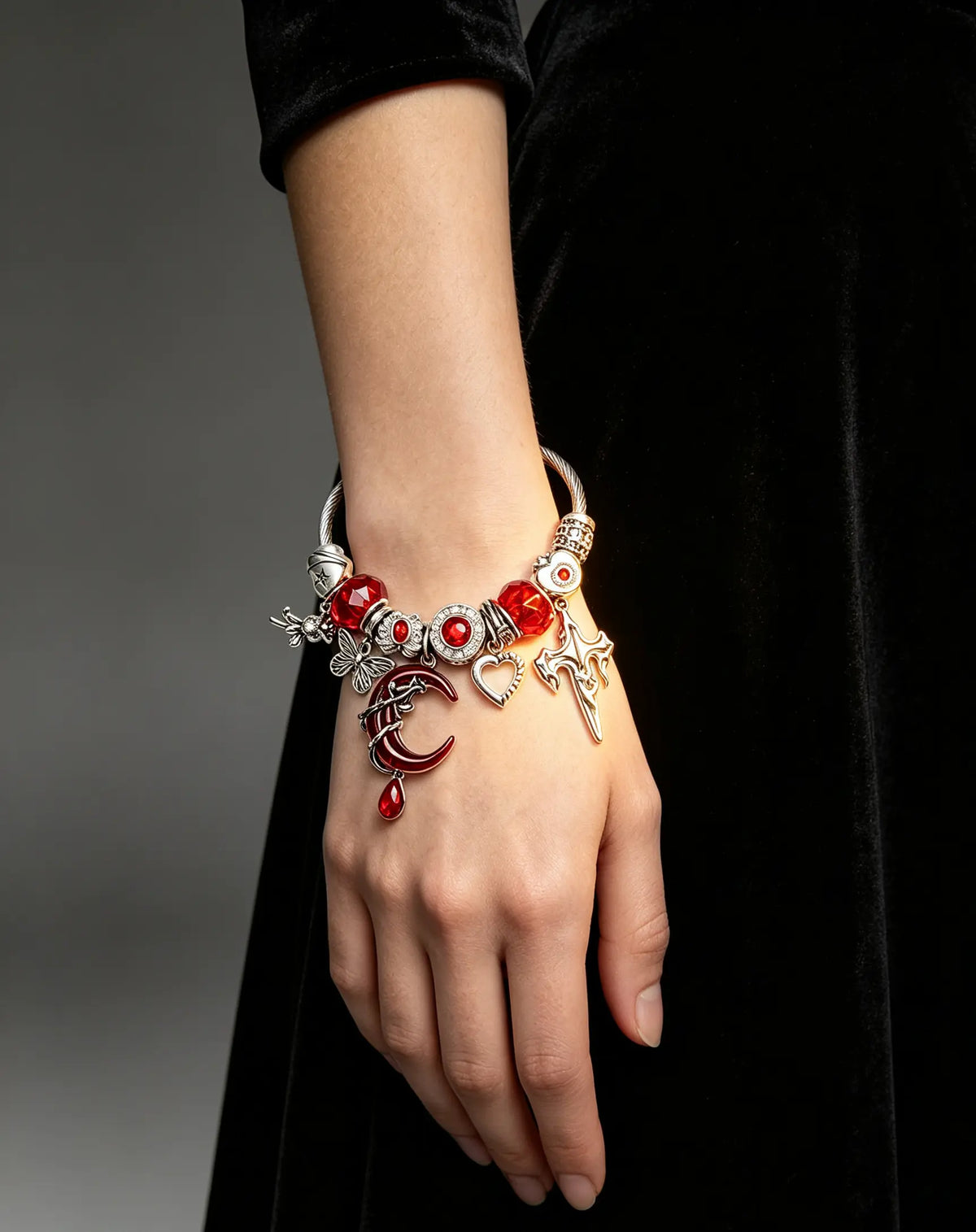 Gothic Red Moon Charm Open Cuff Bracelet, Adjustable Twisted Cable Bangle with Red Crystal, Butterfly Heart Cross Charms, Dark Romance Jewelry Gift for Women