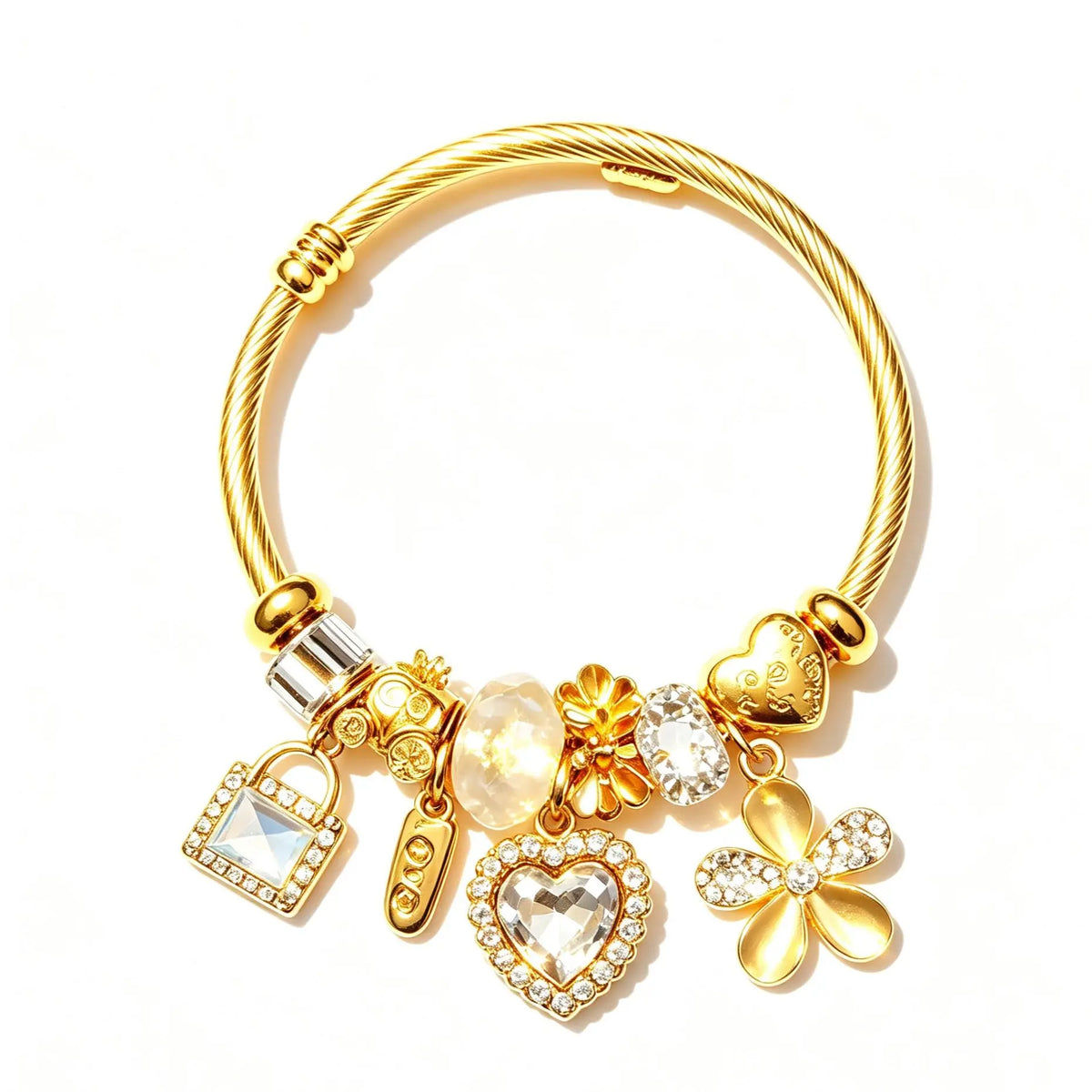 Gold Tone Charm Bracelet for Women, Crystal Heart Flower Pendant Bangle, Elegant Vintage Beaded Bracelet Jewelry Gift for Her Fashionable Bangle Dainty Crystal Bracelet