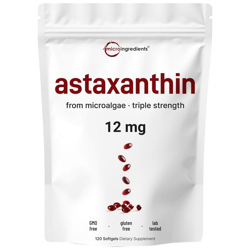 12mg Astaxanthin Softgels from Pure Microalgae Source | Natural Skin & Wellness Support | 120 Easy-to-Swallow Softgels (4-Month Supply)