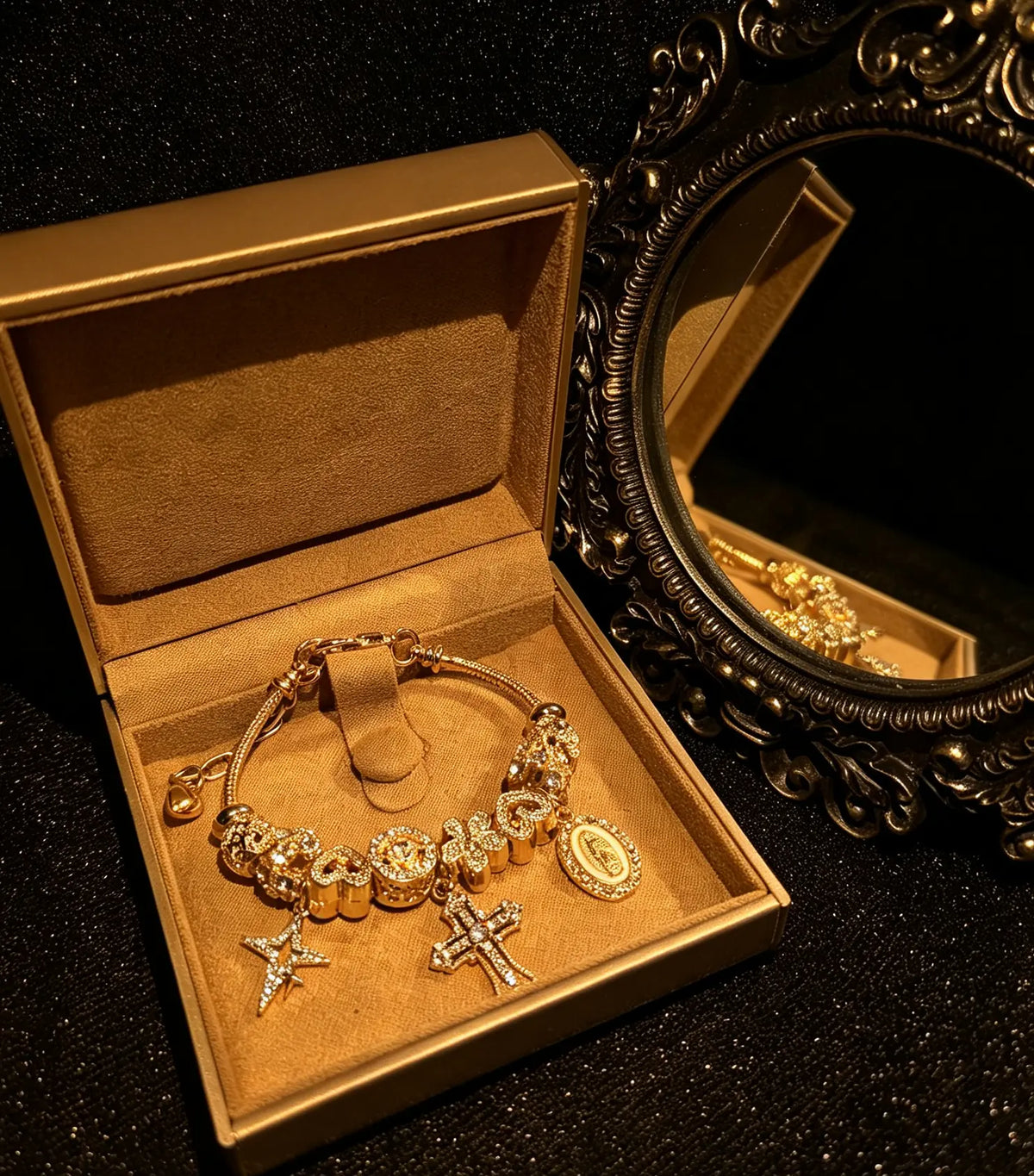 Vintage Gold Tone Cross Charm Beaded Bracelet, Rhinestone Star Heart Virgin Mary Pendant Snake Chain Bracelet