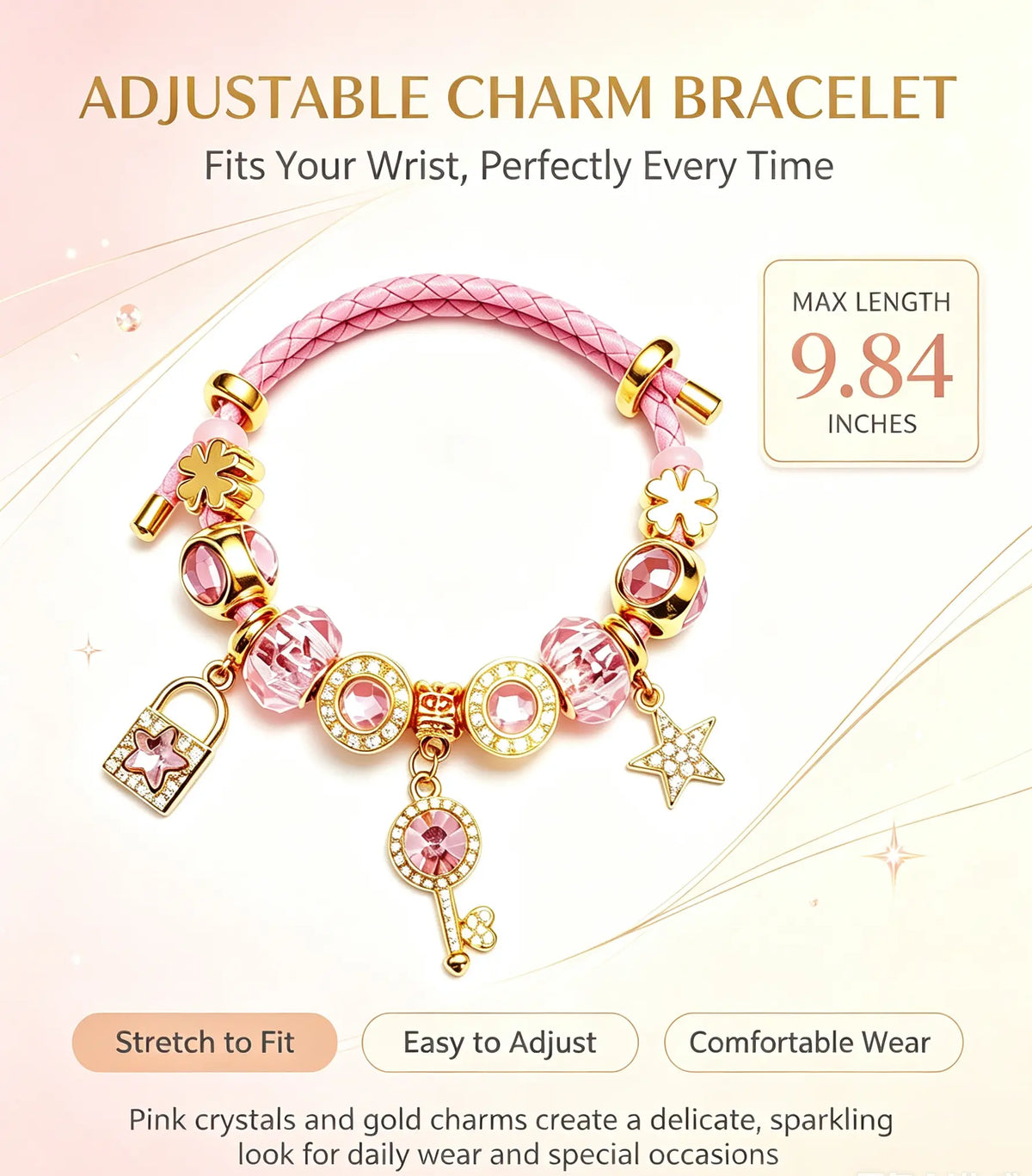 Women's Adjustable Pink Braided Leather Charm Bracelet - Sparkling Crystal, Gold Lock, Star Key, 4 Leaf Clover Beads Fashion Costume Jewelry Gift