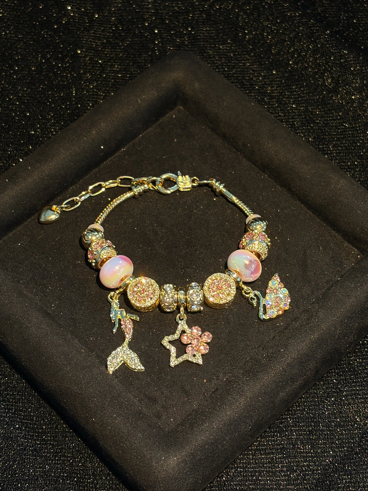 Women Gold‑Tone Mermaid Charm Bracelet, Pink Rhinestone Star Butterfly Dangle Charms, Colorful Murano‑Style Beads Snake Chain Bracelet, Fairytale Hand Jewelry Gift For Women Girls Daily Party Dating Wear