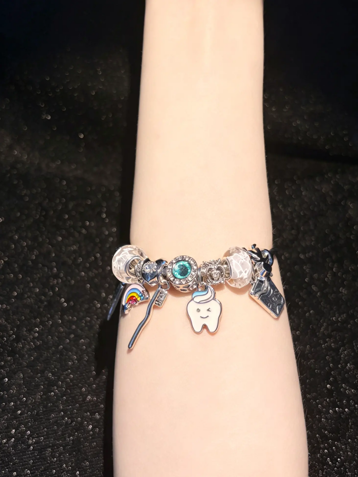 Dentist Themed Charm Bangle Bracelet, Hypoallergenic Alloy Bangle with Cute Tooth, Dental Floss & Rainbow Charms, Fashion Jewelry Gift for Women Girls