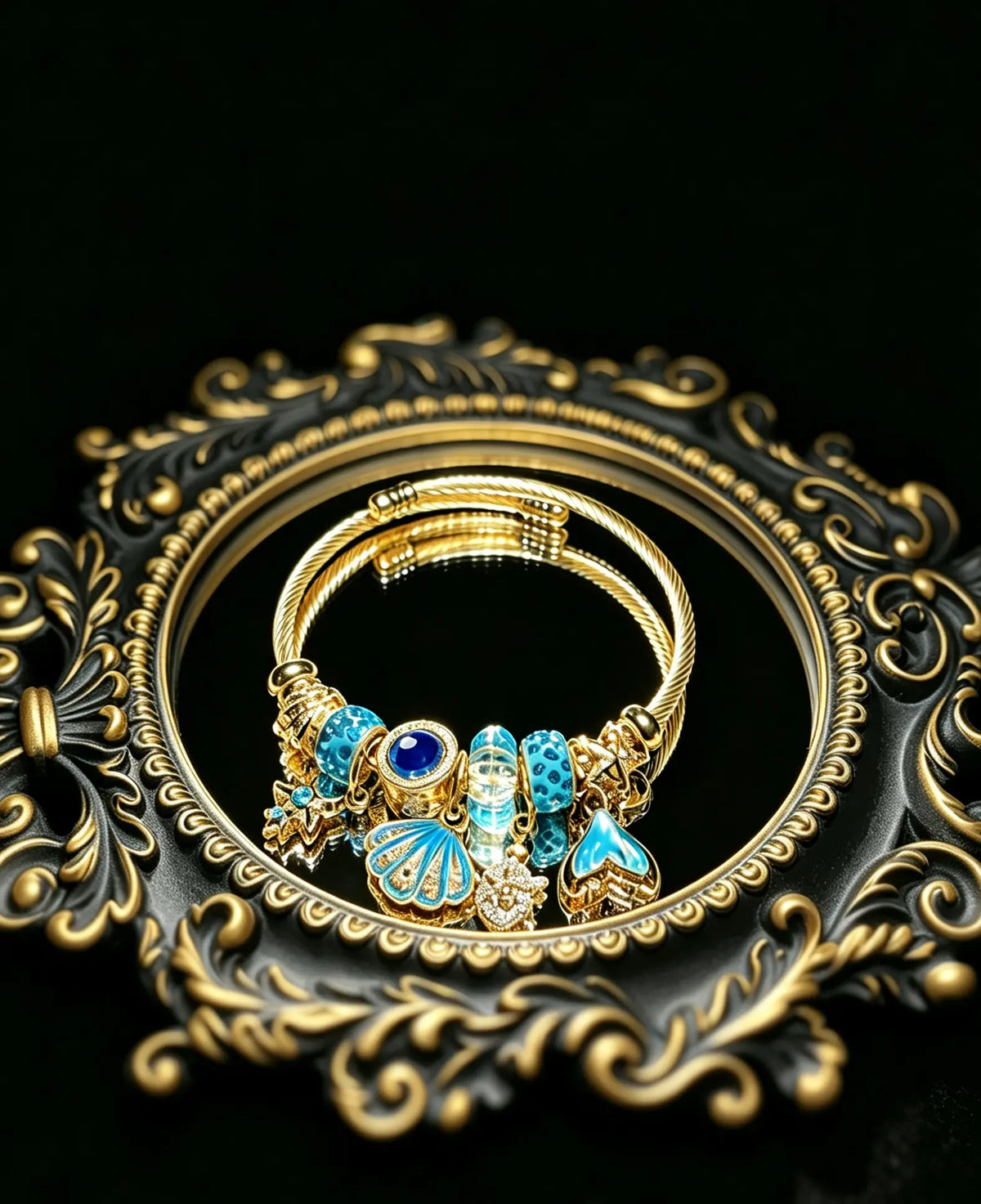 Ocean Theme Open Cuff Bangle, Shiny Golden Bracelet With Blue Crystal Beads, Shell, Turtle & Mermaid Tail Charms, Summer Beach Jewelry Gift For Women