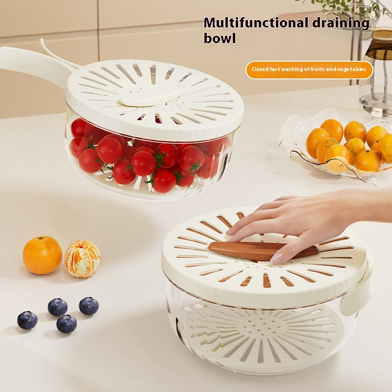 **2-in-1 Fruit & Vegetable Drain Basket with Lid, Foldable Handle & Dual-Layer Colander**
