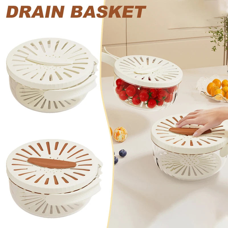 **2-in-1 Fruit & Vegetable Drain Basket with Lid, Foldable Handle & Dual-Layer Colander**