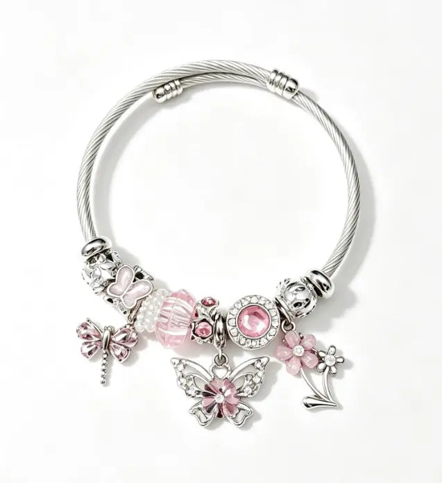 Silver Twisted Cable Open Bangle Bracelet, Pink Crystal Butterfly & Flower Charms Beaded Bracelet, Sweet Fashion Jewelry Gift for Women Teen Girls