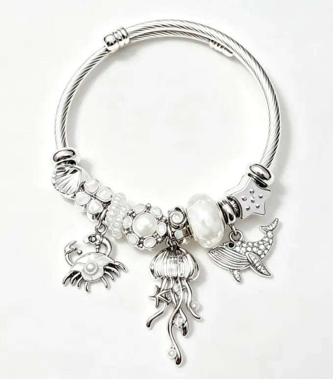 Ocean Pearl Silver Bangle Bracelet, Jellyfish Crab Whale Starfish Charm Twist Cable Bracelet, Summer Beach Sea Animal Bead Jewelry Gift for Women