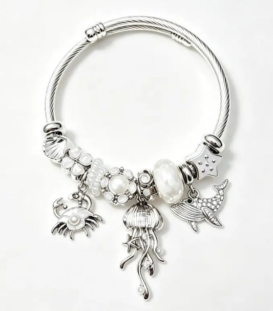 Ocean Pearl Silver Bangle Bracelet, Jellyfish Crab Whale Starfish Charm Twist Cable Bracelet, Summer Beach Sea Animal Bead Jewelry Gift for Women