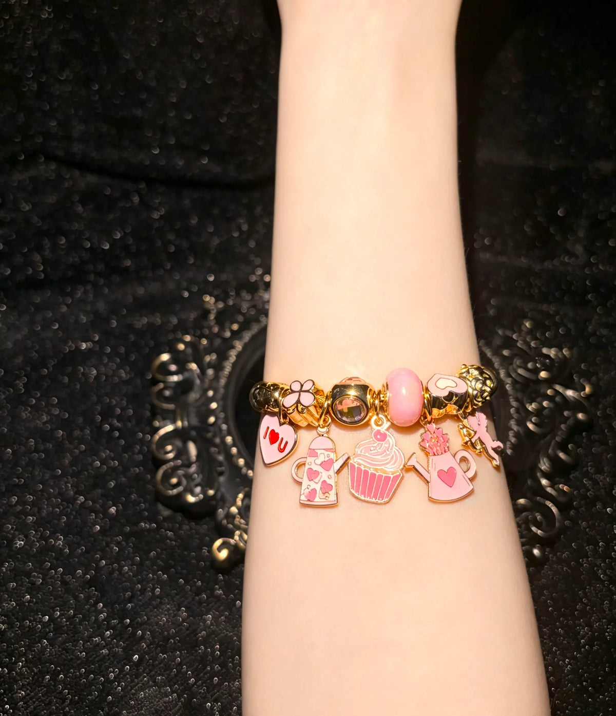 Women's Gold-Tone Charm Bracelet - Adjustable Costume Jewelry with Sweet Pink Cupcake, Teapot Beads & Romantic Heart Angel Pendant, Gift for Women