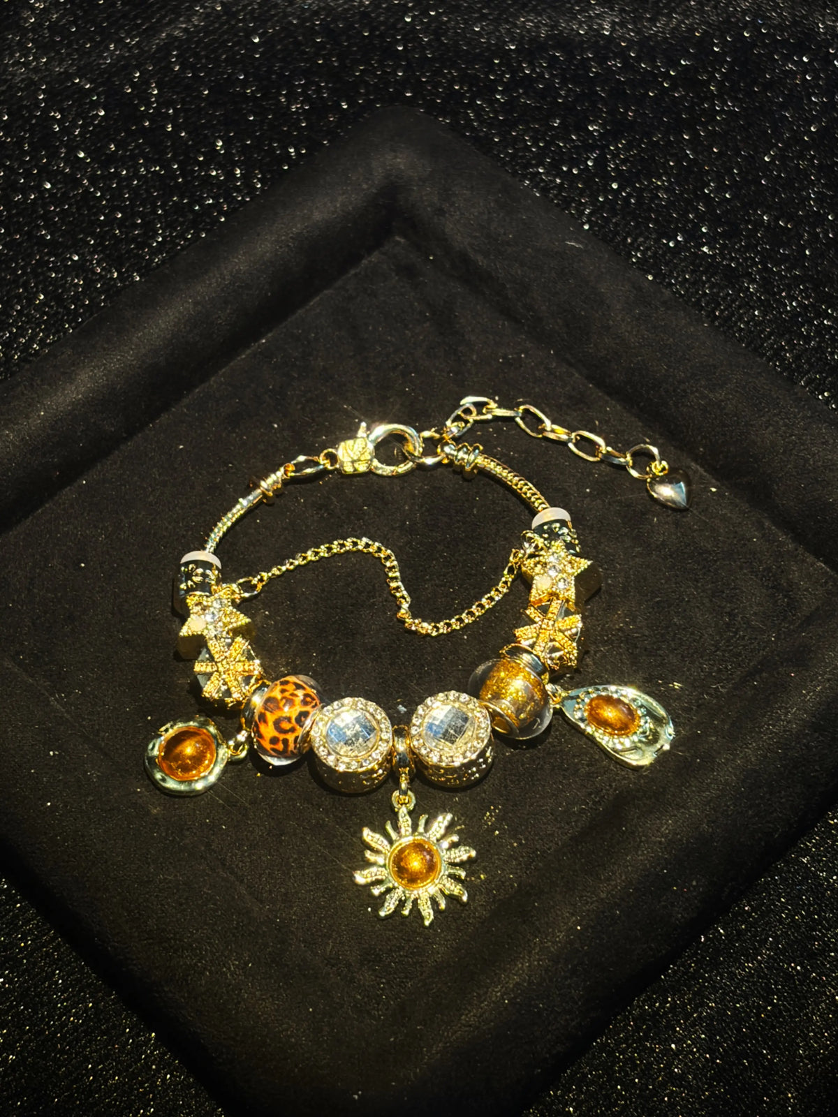 Women's Retro Bohemian Statement Bracelet - Gold-Tone Beaded Design with Leopard Print Bead Dangle Sun Charm, Fashion Costume Jewelry