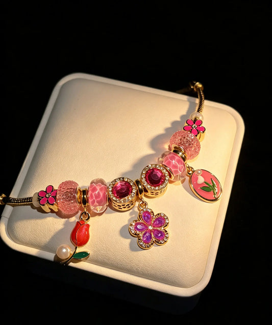Fuchsia Pink Floral Charm Beaded Bracelet, Gold Plated Snake Chain Bracelet with Tulip & Crystal Beads, Elegant Jewelry Gift for Women