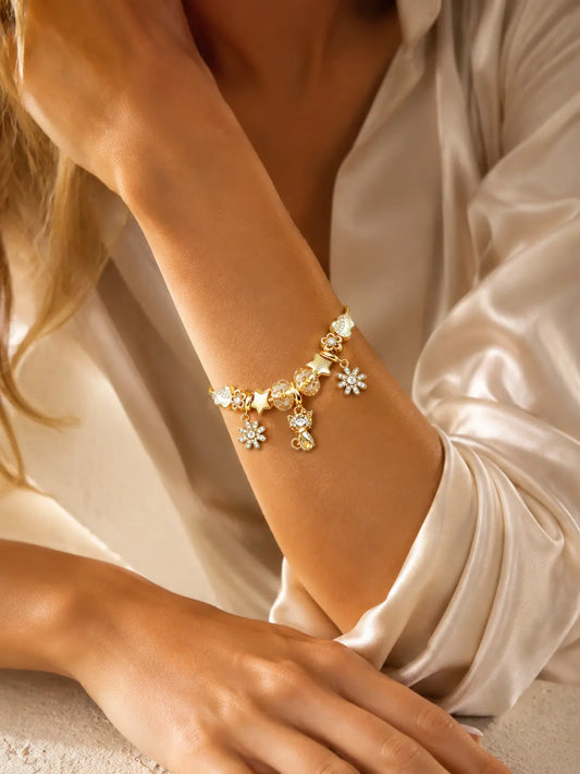 Golden Tone Cat Charm Bracelet, Adjustable Snake Chain Bracelet with Crystal Flower Star Beads, Fashion Jewelry Gift for Women Girls