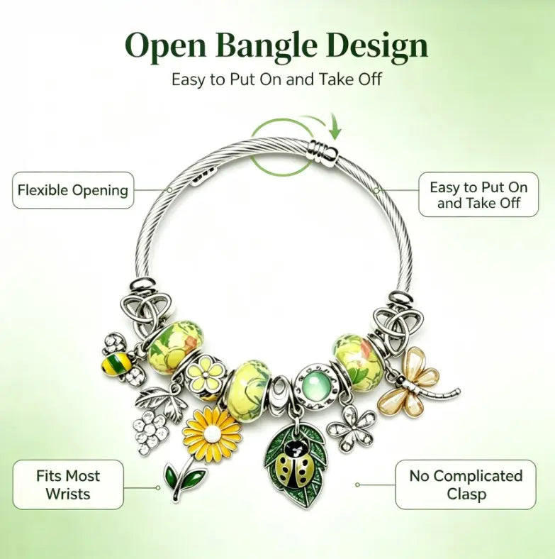 Spring Nature Charm Bangle, Silver Plated Cable Wire Bracelet with Ladybug, Daisy, Bee & Dragonfly Charms, Fashion Jewelry Gift for Women