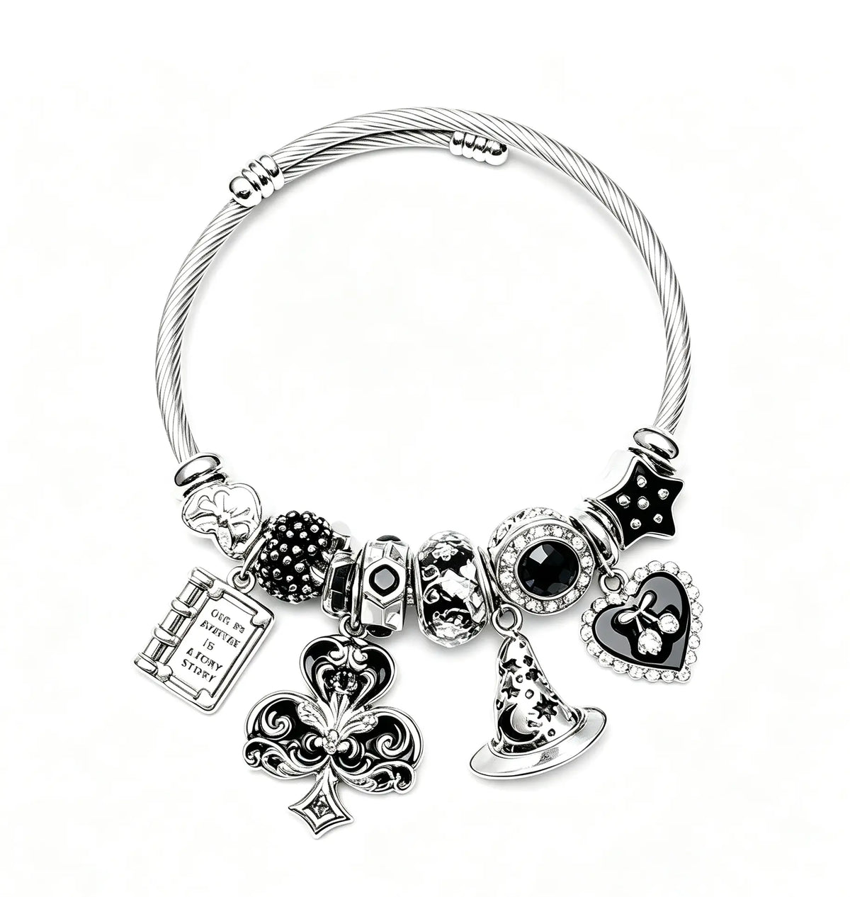 Open Adjustable Wire Bangle Bracelet, Magic Wizard Hat Clover Book Heart Star Charms Beads Silver Tone Bracelet, Fashion Jewelry Gift for Women Girls
