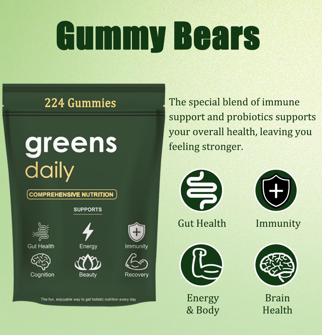 Greens Gummies Organic Green Nutritional Gummies-60+ natural whole-food ingredients