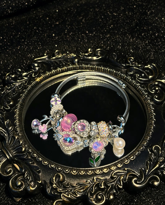 Women's Silver-Tone Open Cuff Bangle Bracelet - Dreamy Pink-Purple Crystal, Flower, Heart, Pearl Charms - Stackable Costume Jewelry Gift
