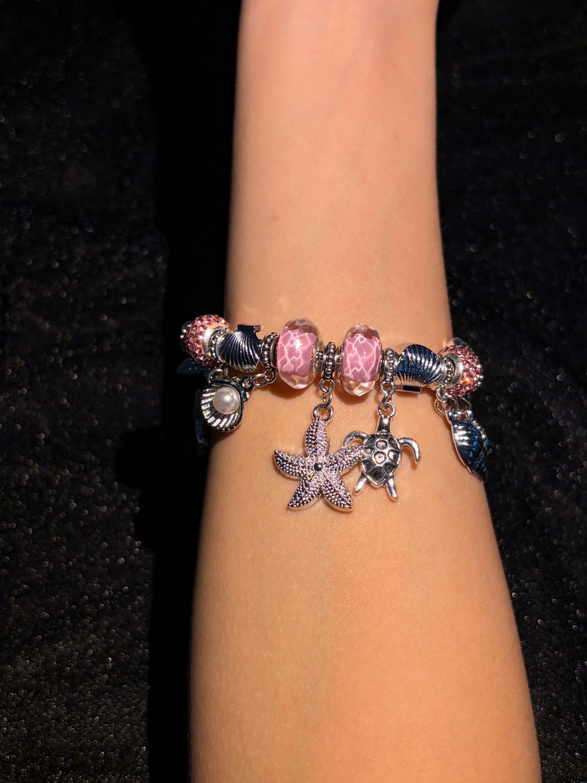 Silver‑Tone Ocean Theme Charm Bracelet for Women, Sea Life Dangle Charms Dolphin,Starfish,Turtle,Shell Conch Mermaid Tail, Murano Glass Beads, 2 Colors Blue Pink Option, Summer Beach Jewelry Gift for Girls