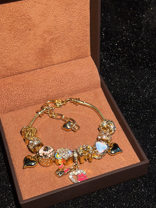 Women's Gold-Tone Snake Bone Charm Bracelet with Cute Pet Paw Heart Dangle Charms and Sparkling Crystal Beads - Fashion Costume Jewelry Gift for Teen Girls