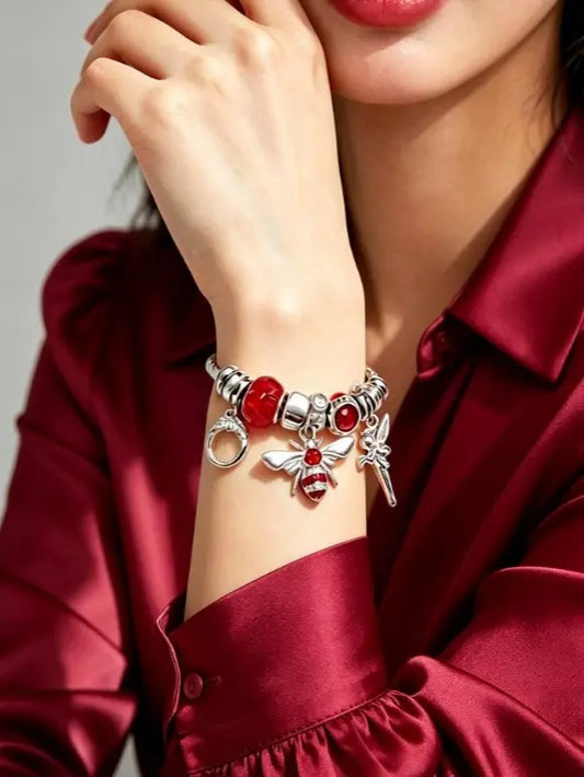 Adjustable Twist Wire Bangle Bracelet with Sparkling Red Crystal Bees and Fairy Charms, Silver Tone Open Cuff Bracelet Jewelry Gift for Women