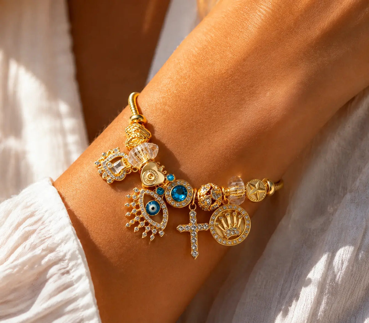 Gold Tone Charm Bracelet for Women, Blue Evil Eye Cross Star Lucky Charms Bracelet, Crystal Statement Jewelry Gift for Her