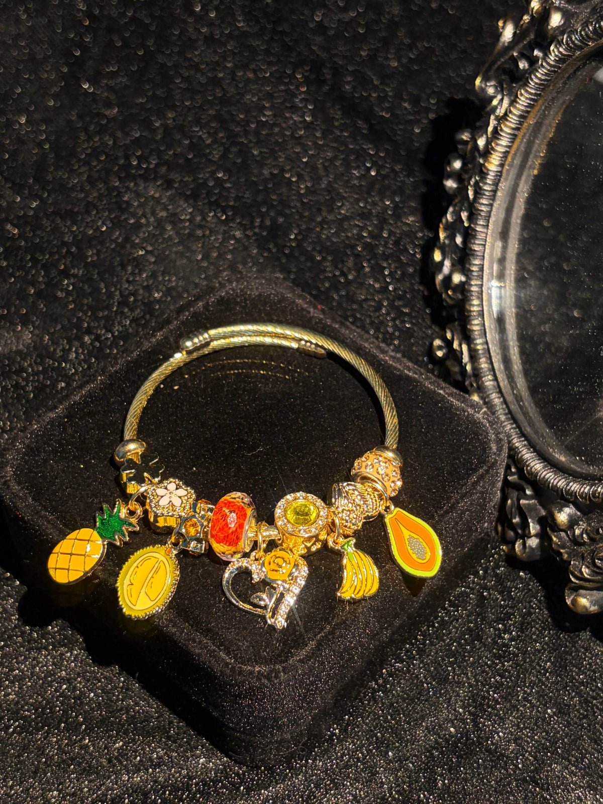 Women's Gold-Tone Adjustable Open Cuff Bracelet, Stackable Enamel Tropical Fruit Charm Bracelet with Pineapple Durian Avocado Heart Key Pendants, Rhinestone Beaded Layering Jewelry for Summer Beach, Birthday Holiday Gift for Teen Girls